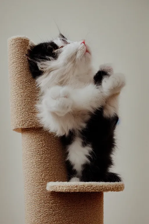 Prompt: “ fluffy kitten lying on cat tree, cotton, dim lighting, extremely high quality, leica m - a, lux 3 5 fle, portra 8 0 0 ”