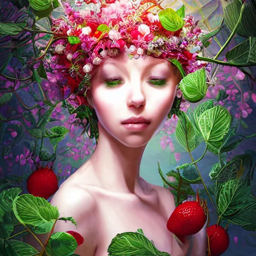 Image similar to the portrait of an absurdly beautiful, graceful, elegant, chaste, young woman made of strawberries and green petals looking up, an ultrafine detailed illustration by kim jung gi, irakli nadar, intricate linework, bright colors, octopath traveler, final fantasy, angular, unreal engine 5 highly rendered, global illumination, radiant light, detailed and intricate environment