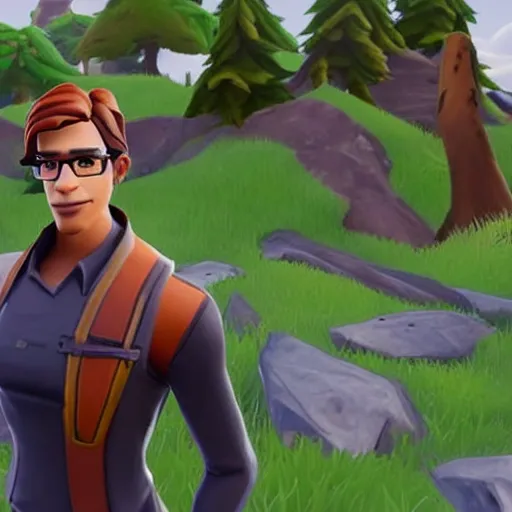 Prompt: a screenshot of a handsome guy with very long brownish! hair, with nerdy glasses in fortnite