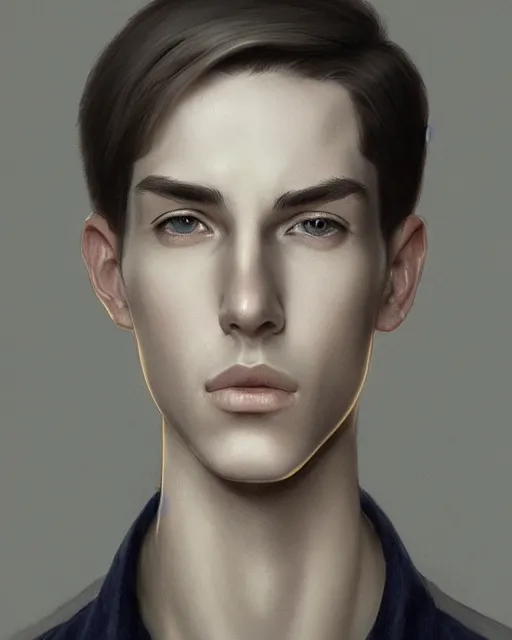 Prompt: portrait of 1 5 - year - old boy, a tall, slender boy with a pale, pointed face, sleek blond hair, and ice grey eyes, cold grey eyes, highly detailed, digital painting, artstation, concept art, smooth, sharp focus, illustration, art by artgerm and greg rutkowski and alphonse mucha