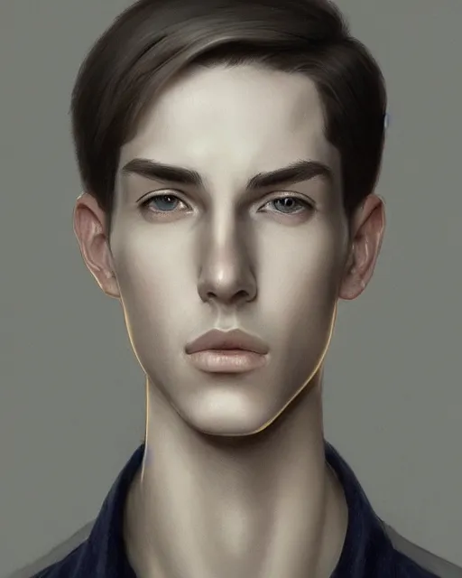 Image similar to portrait of 1 5 - year - old boy, a tall, slender boy with a pale, pointed face, sleek blond hair, and ice grey eyes, cold grey eyes, highly detailed, digital painting, artstation, concept art, smooth, sharp focus, illustration, art by artgerm and greg rutkowski and alphonse mucha