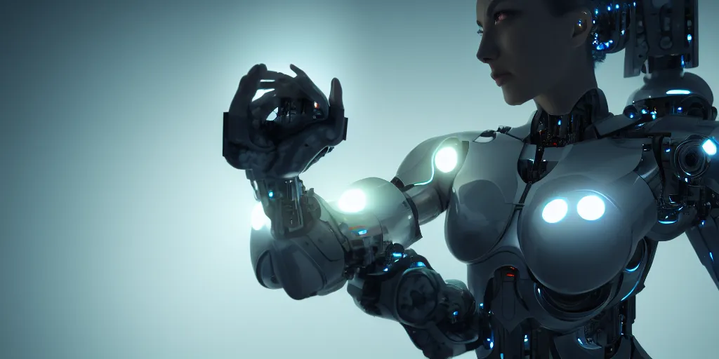 Image similar to s y m b i o s i s, female cyborg, octane render, 4 k, volumtric lights