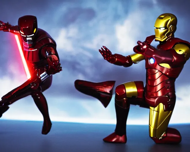 Image similar to a duel between iron man ( left ) and darth vader ( right ), in space, shot on alexxa ; 3 5 mm cooke