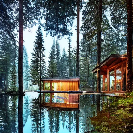 Image similar to a cabin in the woods, pine trees and a pond by Klaus Wittmann