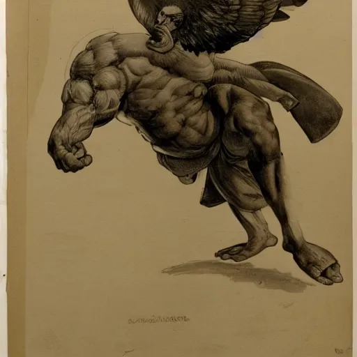 Image similar to a muscular white heroic man riding a giant bird