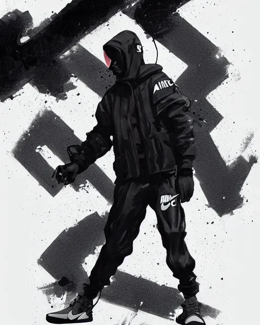 Image similar to Medium shot of a character wearing Nike ACG+Acronym+Riot Division in the style of greg rutkowski