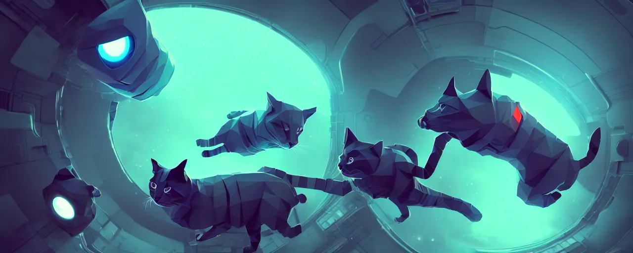 Image similar to duotone noir scifi concept illustration of lowpoly cats floating zero gravity glowing 3 d mesh portals futuristic, glowing eyes, octane render, surreal atmosphere, volumetric lighting. golden ratio by sachin teng and sergey kolesov and ruan jia and heng z. graffiti art, scifi, fantasy, hyper detailed. trending on artstation