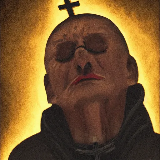 Image similar to An old catholic priest kneeled in fervent prayer. He is looking above him. His eyes are wide open with fear. Ominous dramatic yellow lighting. Overhead view, award-winning digital art, trending on ArtStation