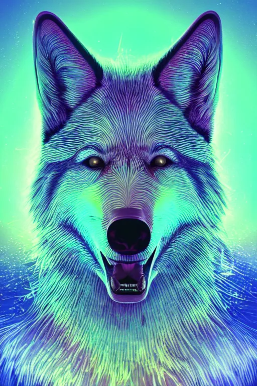 Image similar to psychedelic close-up shot from below of a wolf with style and swagger, clear dark background, object spotlight, octane render, HD, 8k, hyper realism, beautiful color pallet, epic, synthwave art style