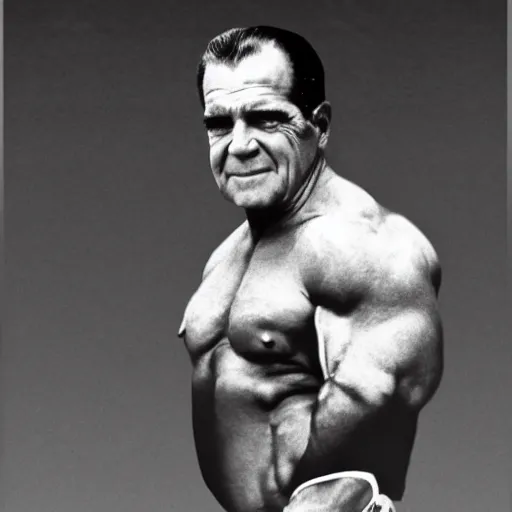 Prompt: photo of richard nixon as a bodybuilder, professional portrait photograph, trending on artstation, 3 5 mm, 8 k hdr,