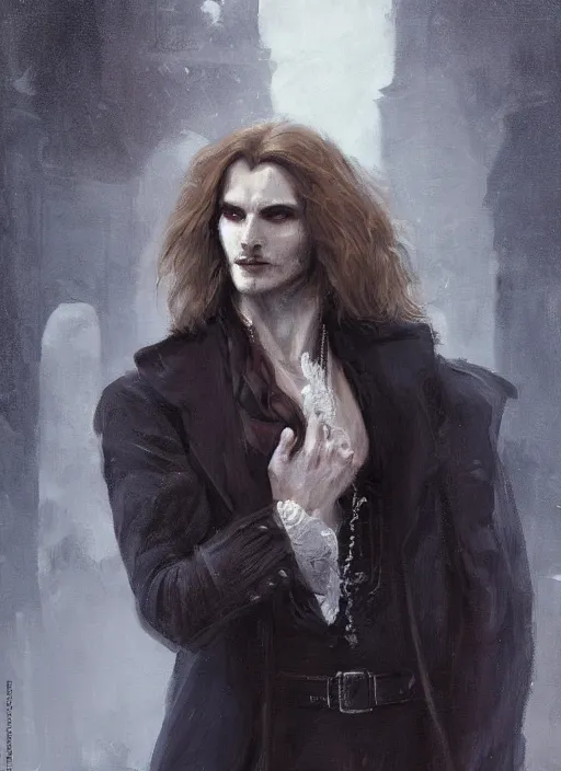 Prompt: portrait painting of the vampire lestat in paris, muscular male, long hair! long coat, elegant rugged handsome unreal render cinematic lighting art 1 8 9 0 period drama by bussiere rutkowski andreas rocha