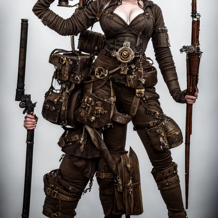 Image similar to full length photo of a very beautiful female dieselpunk warrior, 8 k, hdr, smooth, sharp focus, high resolution, award - winning photo