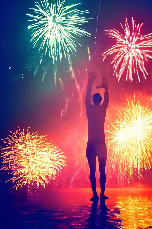 Image similar to ravers standing in water with fireworks in background, full body, silhouette, reflection in water, volumetric lighting, golden ratio, backlit