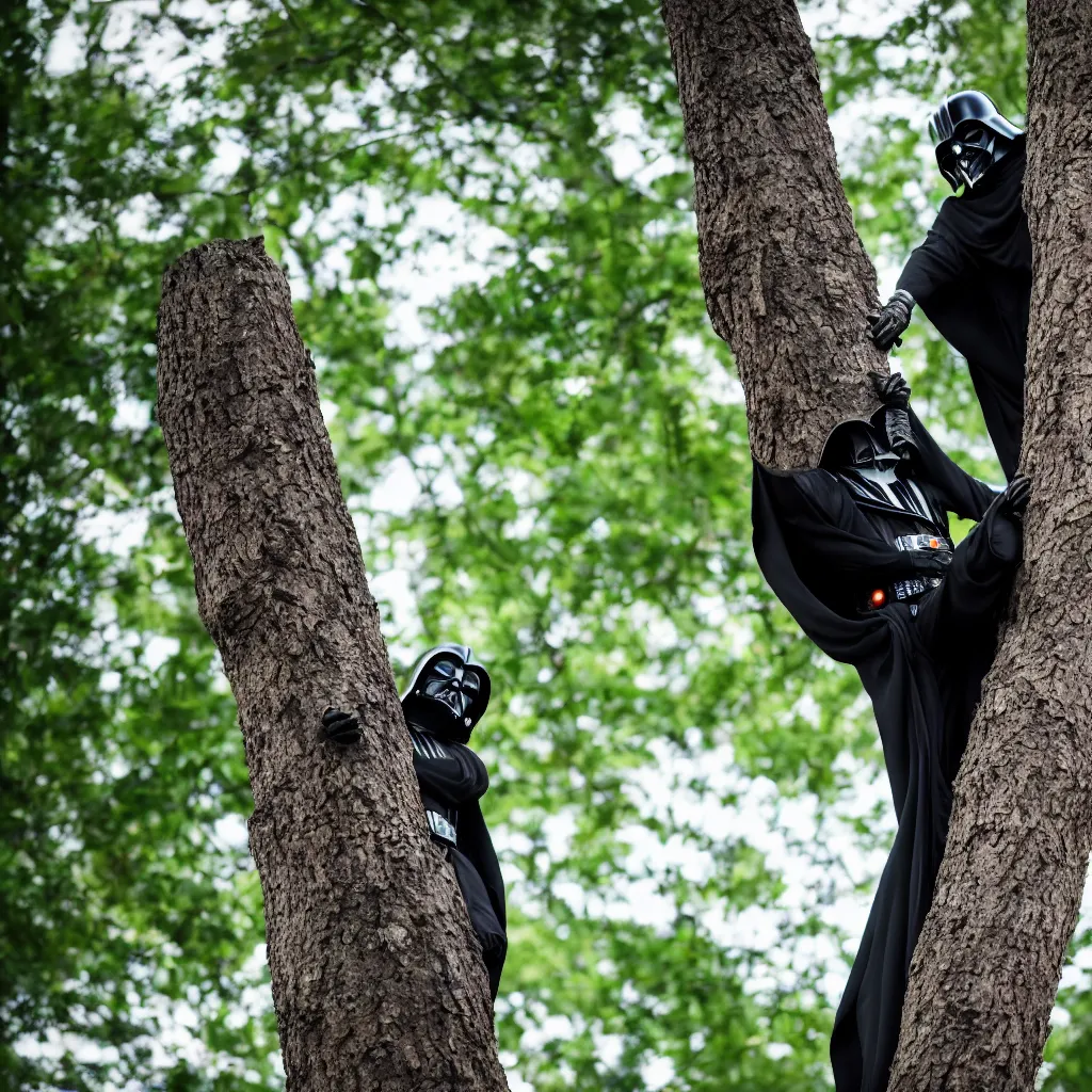 Prompt: high quality photo of darth climbing a tree, photography 4k, f1.8 anamorphic, bokeh, 4k, Canon, Nikon