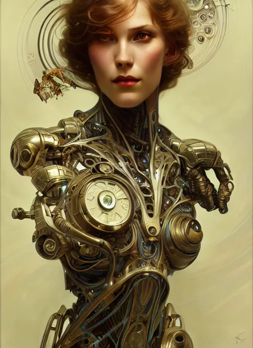 Image similar to organic cyborg, art deco, diffuse lighting, fantasy, intricate, elegant, highly detailed, lifelike, photorealistic, digital painting, artstation, illustration, concept art, smooth, sharp focus, art by John Collier and Albert Aublet and Krenz Cushart and Artem Demura and Alphonse Mucha