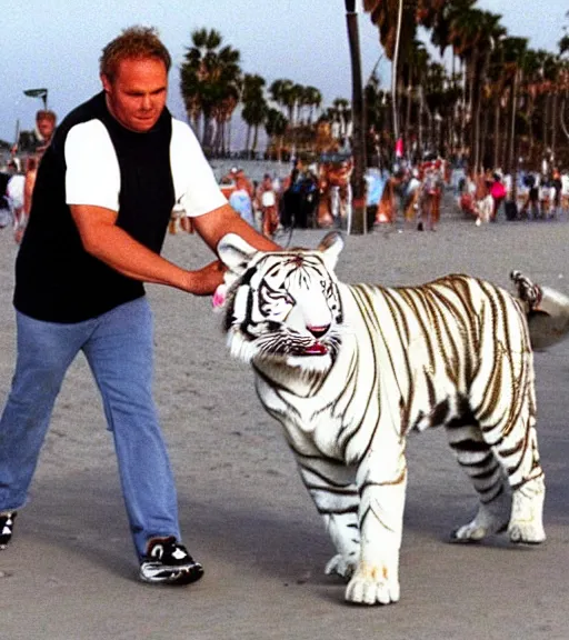 Image similar to celebrity walking his pet white tiger on a chain down Venice beach, muscle beach in 1998