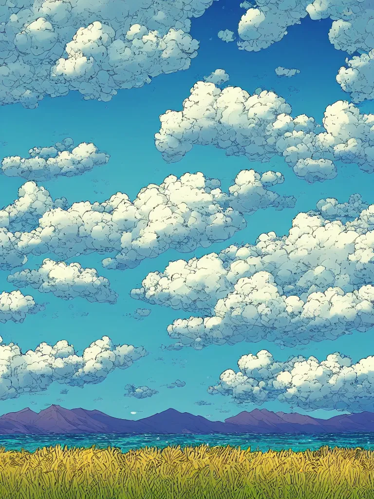 Prompt: a digital art of a close up view of a field, the beach, mountain and the sea at noon, beautiful sky and clouds, colorful, by laurie greasley, artstation, studio ghibli color scheme