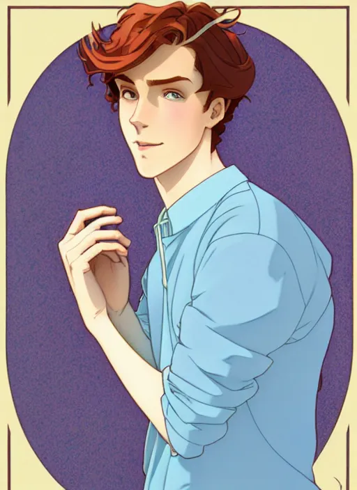 Image similar to well - lit art nouveau portrait of a young man with straight auburn hair, pale skin, freckles, light blue eyes, sad expression, casual clothes, natural lighting, path traced, highly detailed, high quality, cartoon, digital painting, by don bluth and ross tran and studio ghibli and alphonse mucha