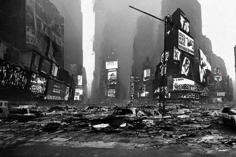 Image similar to dark photo of an destroyed times square after a nuclear attack, thunderstorm, gloomy, colorful, desolate