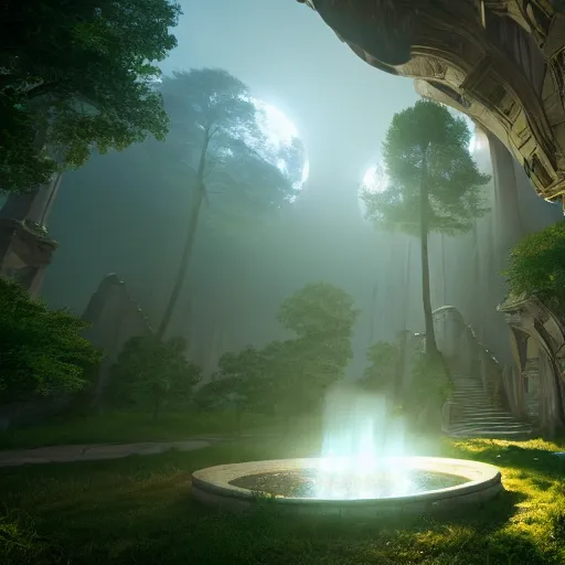 Image similar to inside a ethereal magical elven city, 8k, HDR, cinematic, volumetric lighting, unreal engine 5