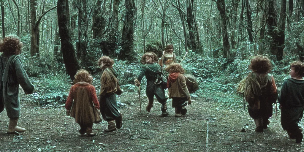 Image similar to A full color still from a Stanley Kubrick film featuring a side view of two hobbits wearing packs and walking down a path in a dark forest, 35mm, 1975