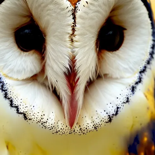 Prompt: a close up portrait of a barn owl's face altered by sickness