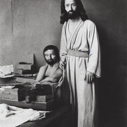 Image similar to studio photo of jesus in a chinese sweat shop, studio portrait