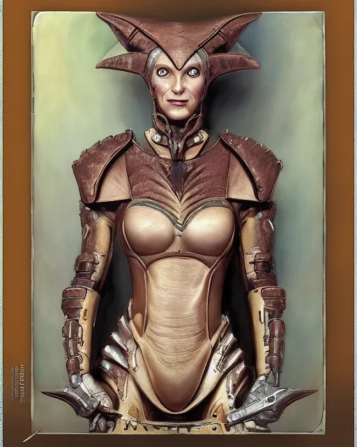 Prompt: portrait of a beautiful savage slaanesh creature female warhammer 4 0 k, wearing futuristic armor, by norman rockwell