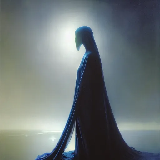 Image similar to awe-inspiring award-winning concept art painting of attractive figure in black shrouds called the ghost of the moonbow queen, rainbow, by Michael Whelan, William Adolphe Bouguereau, John Williams Waterhouse, and Donato Giancola, cyberpunk, extremely moody lighting, glowing light and shadow, atmospheric, shadowy, cinematic, 8K,