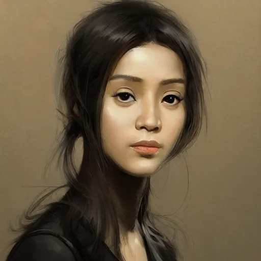 Image similar to Portrait of a woman by Greg Rutkowski, she is about 30 years old, mixture between korean, indian and arabian, pretty, black straigh hair with bangs, attractive, tall and slim, she is wearing beigen and black utilitarian jumpsuit, highly detailed portrait, scifi, digital painting, artstation, concept art, smooth, sharp foccus ilustration, Artstation HQ