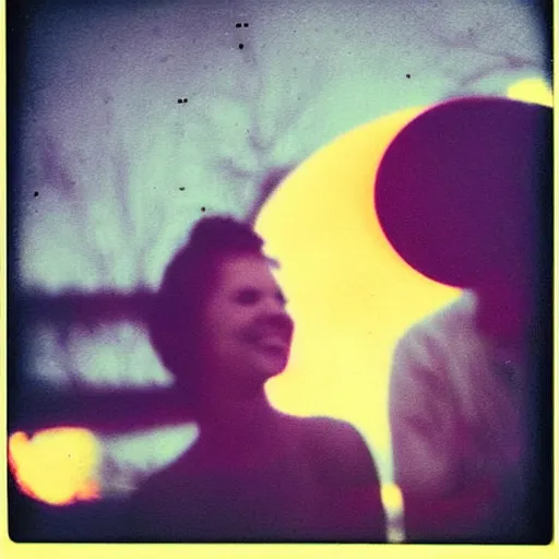 Prompt: a woman in the background a house on fire and she is smiling and the moon is purple, polaroid photo, perfect photo, photo pinterest