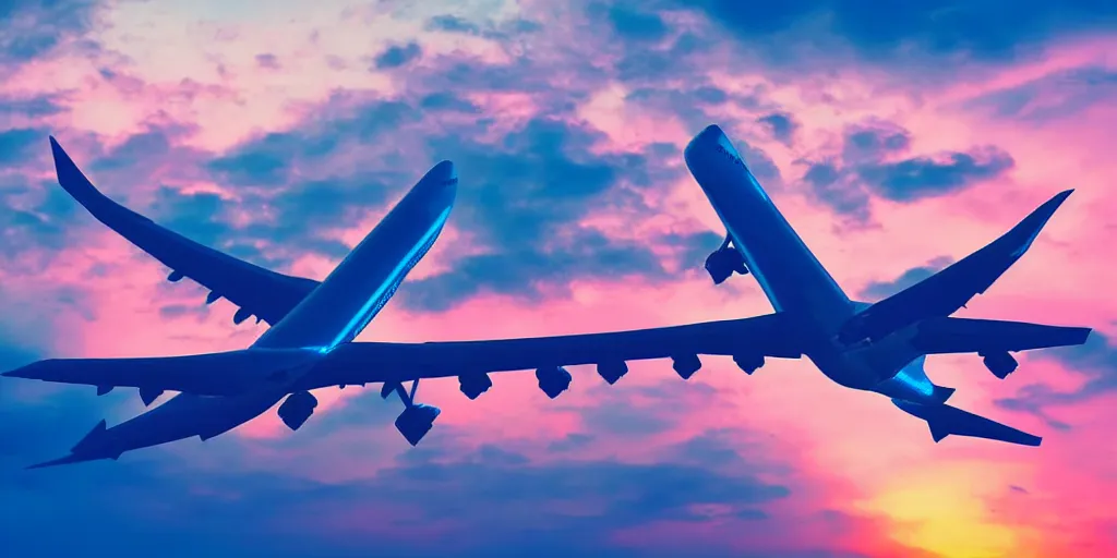 Image similar to boeing 7 4 7 flying over a city at sunset, vaporwave