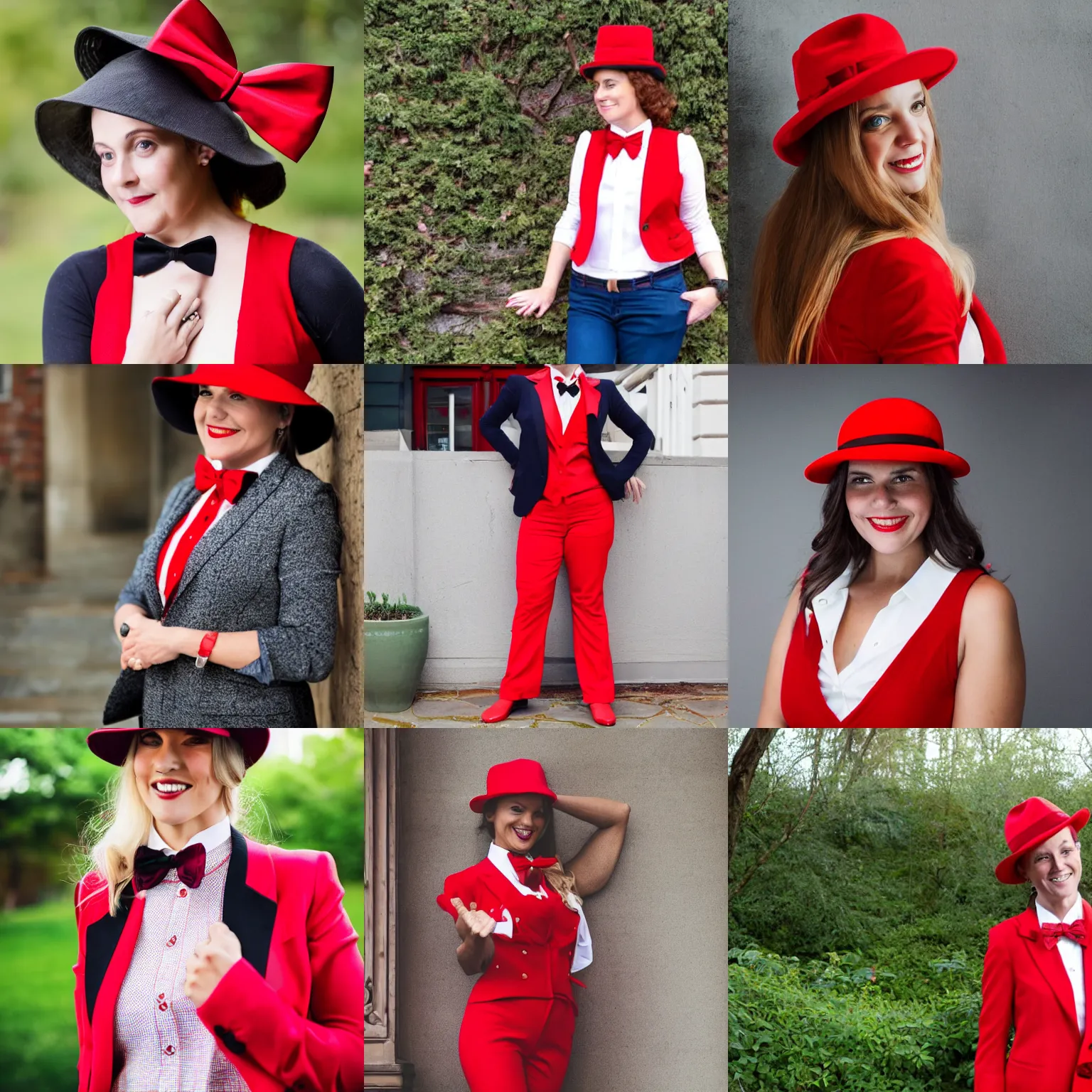 Prompt: a lady with red vest, red hat and bowtie posing