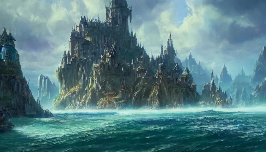 Image similar to a beautiful painting looking across a crystal clear sea at stormwind city from the warcraft movie, by greg rutkowski and kalin popov, trending on artstation, masterpiece,