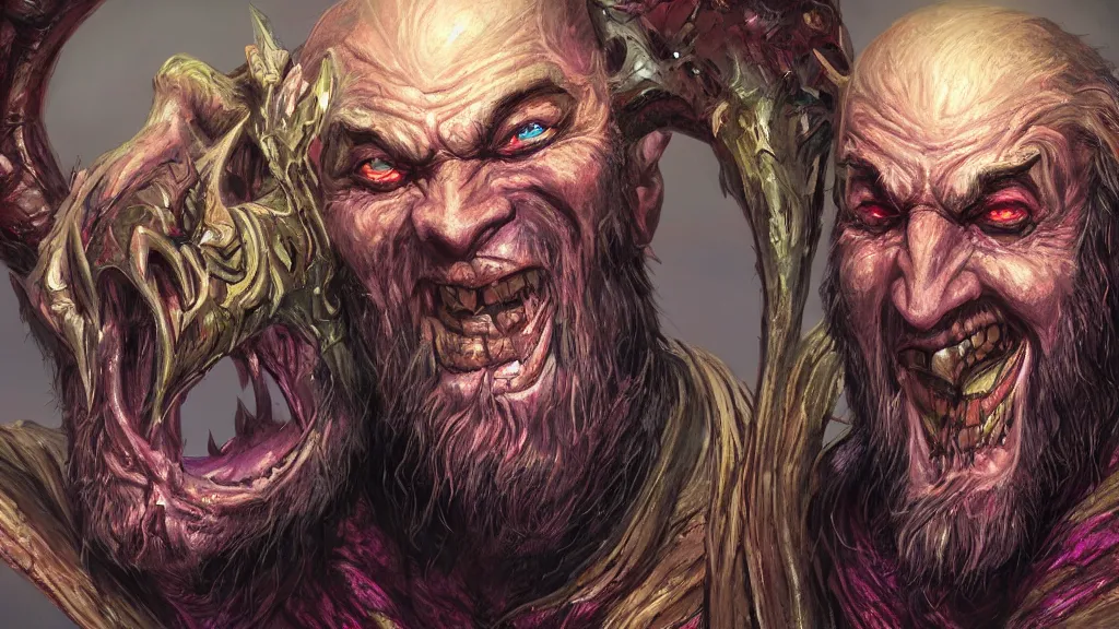 Prompt: bright, colorful, realistic, detailed from Elder Scrolls: Shivering isles concept art of The Mad God Sheogorath with a madsmile backlighting, kodachrome, high contrast, highly detailed, sharp focus, digital painting, concept art, illustration, trending on artstation, comic book by Alex Ross and Adam Adamowicz cover art