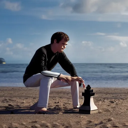 Image similar to Magnus Carlsen plays chess against the Grim Reaper on a beach, The Seventh Seal, 4k