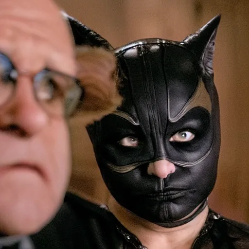 Image similar to Danny DeVito as Catwoman, film grain, EOS-1D, f/1.4, ISO 200, 1/160s, 8K, RAW, symmetrical balance, in-frame, Dolby Vision