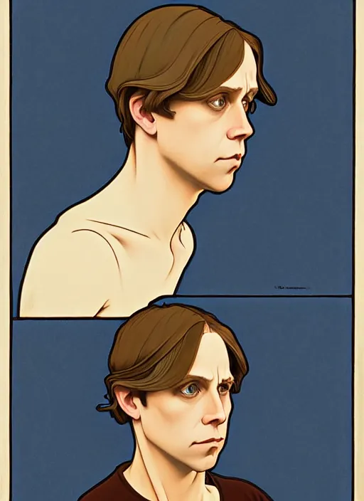 Image similar to art nouveau portrait of geoff rickly with short light brown straw blond hair, light blue eyes, sad expression, scared, head down, shy and demure, natural lighting, path traced, highly detailed, high quality, cartoon, digital painting, by don bluth and ross tran and studio ghibli and alphonse mucha