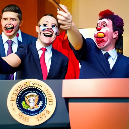 Prompt: a president with clown face taking a selfie in a podium next to an angry first minister