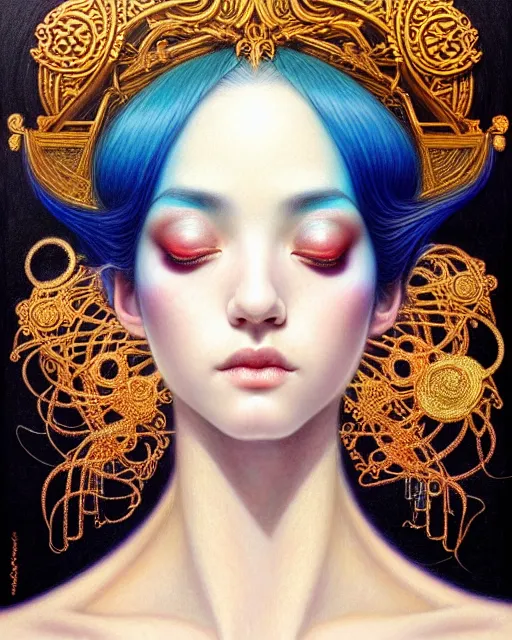 Image similar to portrait of a beautiful goddess, unusual beauty, esoteric, other worldly colors, head in focus, fantasy art, ornamental aesthetics, intricate, elegant, highly detailed hyperrealistic painting, artstation, concept art, painterly, golden ratio, sharp focus, illustration, art by chie yoshii