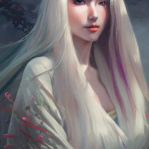 Prompt: a beautiful digital painting of a beautiful woman with long white hair wearing a kimono, by Stanley Artgerm Lau, WLOP, Rossdraws, James Jean, Andrei Riabovitchev, Marc Simonetti, and Sakimichan, trending on artstation, SFW version