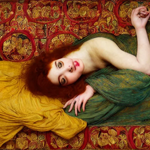 Image similar to preraphaelite photography reclining on bed, a hybrid of judy garland and lucille ball, aged 2 5, big brown fringe, yellow ochre ornate medieval dress, john william waterhouse, kilian eng, rosetti, john everett millais, william holman hunt, william morris, 4 k