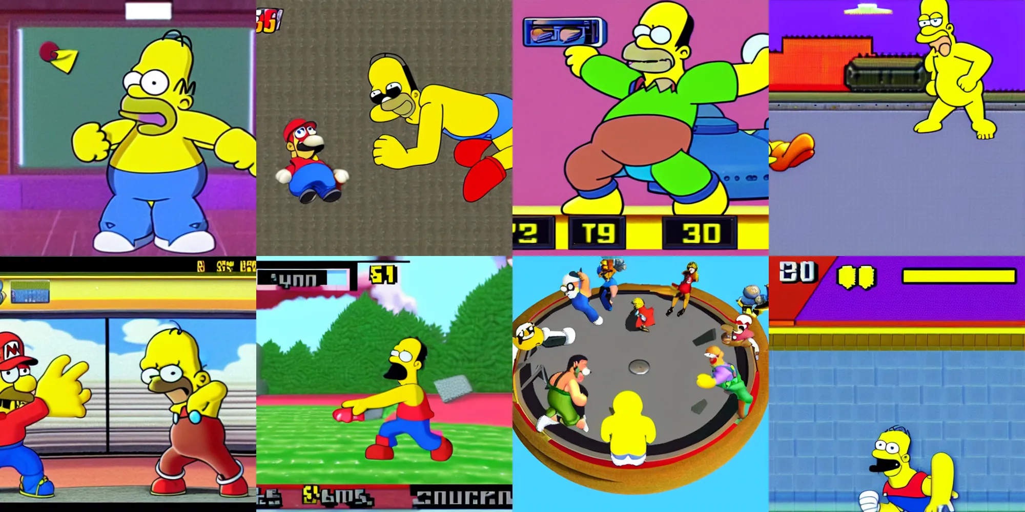 Prompt: Nintendo 64 Super Smash Bros with 3D Homer Simpson character, video game, screenshot, 1995