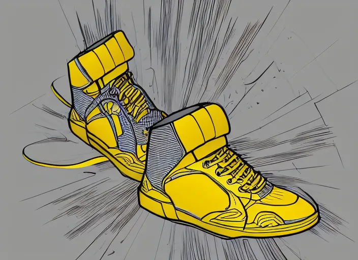 Image similar to sneaker concept, wth short golden lines, yellow details, highly detailed, digital art, sharp focus, trending on art station, anime art style