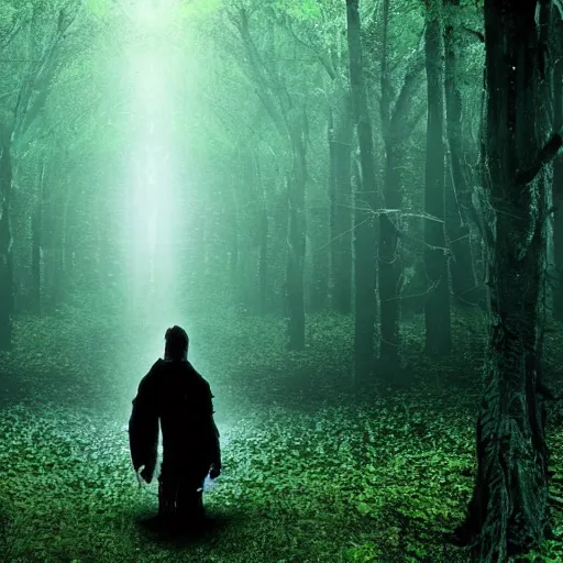 Prompt: dark forest protected by strange creature, the matrix movie style