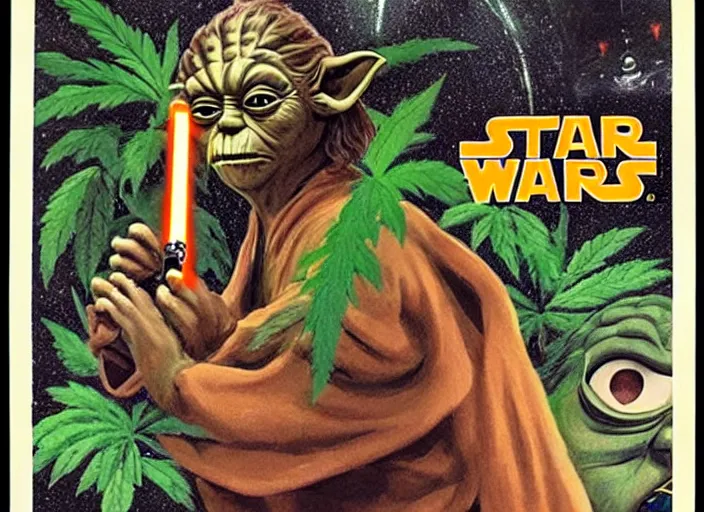 Image similar to vintage 1 9 7 7 star wars movie poster, of yoda with bloodshot eyes smoking a huge marijuana cigarette, surrounded by cannabis plants