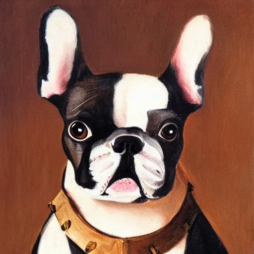 Prompt: a portrait of a french bulldog drinking wine and wearing an elizabethan ruff, oil painting