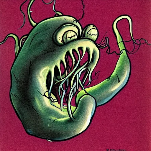 Prompt: a 1982 color anatomy illustration sketch depicting a symmetrical dissection of a dangerous shape shifting alien creaturing spewing long worm-like spiney tendrils out of its snarling mouth, the tendrils in the style of The Thing 1982