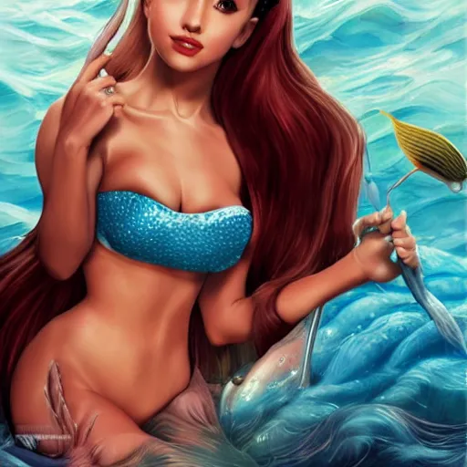 Image similar to hyperrealistic cottagecore ariana grande as a bombshell mermaid, full body portrait, sharp, smooth, artststion, in the style of artgerm