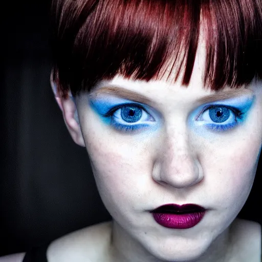 Image similar to photograph, closeup portrait of a young pale woman with short red hair in a dark room, blue eyes, wearing a black tshirt, flash photography, indoor setting, high contrast, sharp, photographed by terry richardson, trending on tumblr,